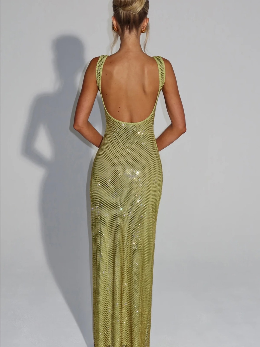 NWOT BabyBoo PETRA Olive Swarovski Crystal Mesh Square-Neck Maxi Dress Sz XS - Picture 3 of 6